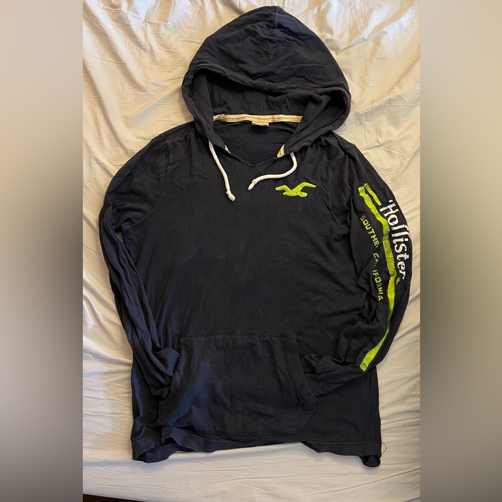 Vintage Hollister Navy Hoodie with Bright Green Details